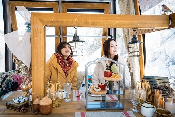 ヨーロッパアルプスの山小屋を想起させる内装