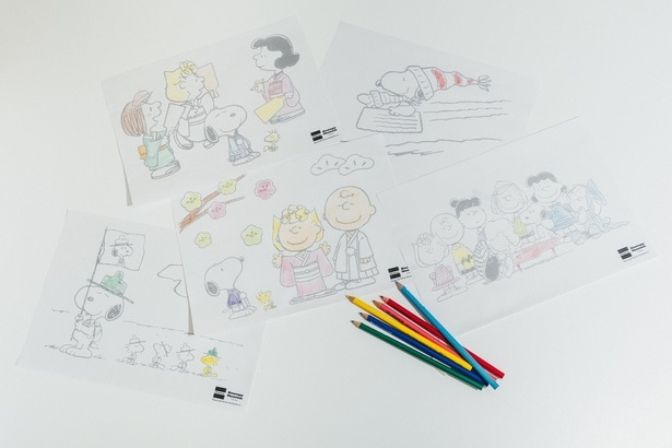 スヌーピーミュージアムオリジナルぬり絵。1月4日まで館内で無料体験できる