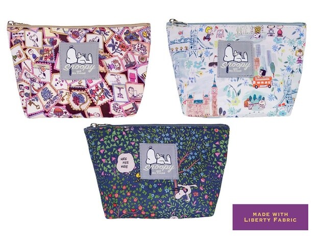 「PEANUTS×リバティ・ファブリックス コラボ ポーチ」(各2530円)※写真左から「スタンプ」「ウッドストック」「ロンドン」