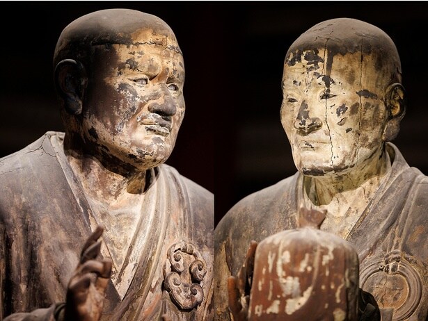 左から国宝 世親菩薩立像(部分)、国宝 無著菩薩立像(部分) ともに運慶作　鎌倉時代・1212年(建暦2年)頃 奈良・興福寺蔵　北円堂安置