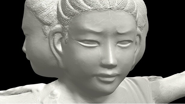 CGモデル上で表面の彩色を取り去り、阿修羅像の造形に注目