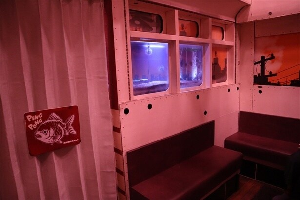 紙製のボンネットバスの中にも水槽が組み込まれている