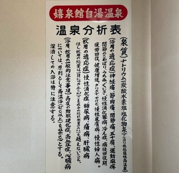 泉質表がこちら。嬉泉館の自家源泉だ