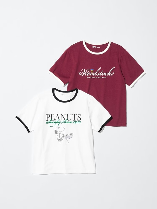 レディース「ピーナッツ UT」(1990円)は全2色。ホワイト×ブラック、レッド×オフホワイトのリンガーT仕様