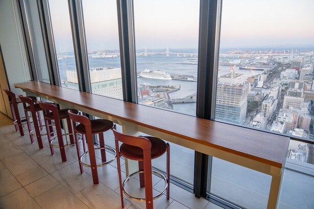 Bay View Deckからは、大さん橋に停泊する大型客船や氷川丸など、港の様子がうかがえる