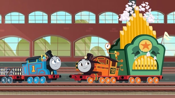 トーマスとニアが蒸気オルガンを運ぶシーン。音楽祭の準備に大忙し！