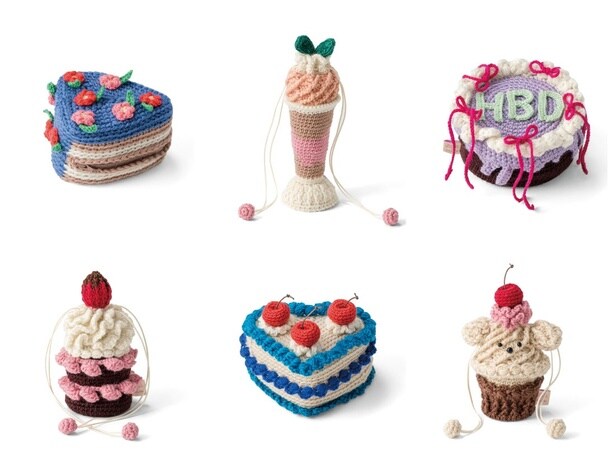 画像左上から時計回りに、カラフル小花をちりばめたカットケーキ、桃とミントのさわやか紅茶パフェ、リボンでデコったセンイルケーキ、つぶらなひとみの犬のカップケーキ、さくらんぼとハートのラブリーケーキ、こんもり生クリームのいちごチョコケーキ