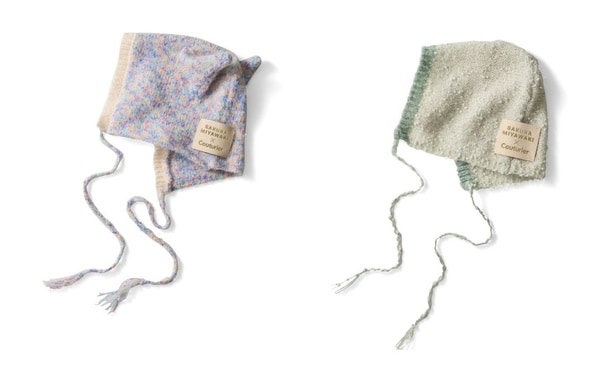 ファンシーヤーンニットキャップ(ブルーミックス、左)とファンシーヤーンニットキャップ(ライムグリーン、右)