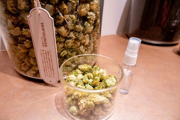 ビール特有の香りや苦味を出すために欠かせないホップ。スプレー噴射で、さわやかな香りが体験できる