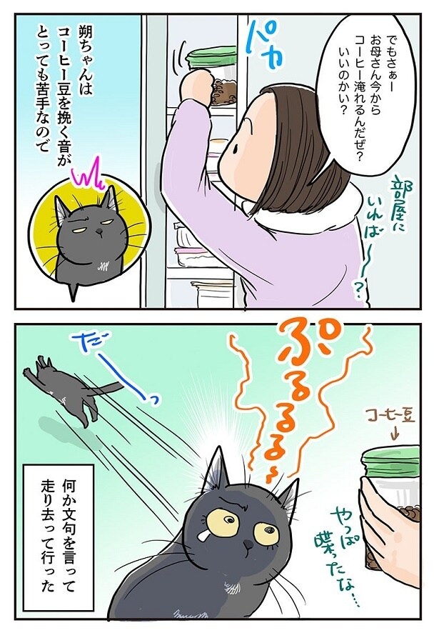 苦手なコーヒー豆の登場に、朔ちゃんがまた、しゃべる!?