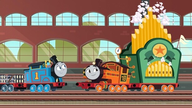 トーマスとニアが蒸気オルガンを運ぶシーン。音楽祭の準備に大忙し！