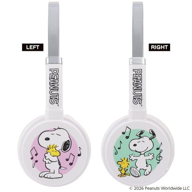 ホワイトの左右イヤーカップ。ピンク×ミントグリーンの背景色で、左右それぞれ異なるスヌーピー&ウッドストックのイラストが楽しめる