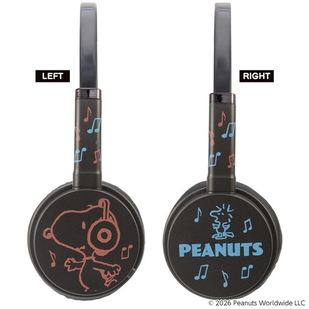 ブラックの左右イヤーカップ。左側にはヘッドホンをつけたスヌーピー、右側にはウッドストックと「PEANUTS」ロゴ