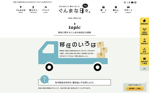 群馬への移住を考える人のためのライフスタイルWebマガジン「ぐんまな日々」。移住のための相談窓口や、移住のために知っておきたい情報が満載