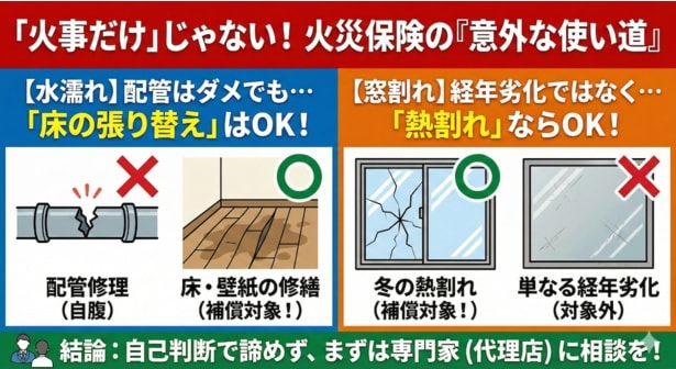 【画像】火事だけじゃない...。火災保険の意外な使い道一覧※イメージ画像(図解)は、生成AIによって作成しています