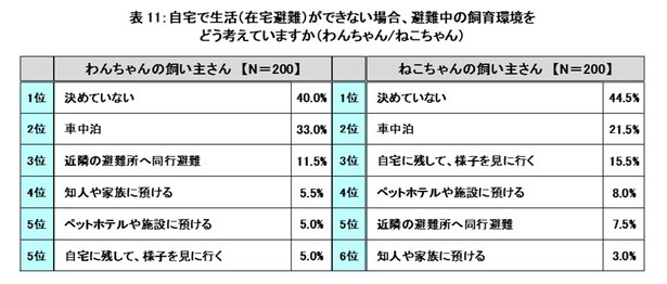 犬は『近隣の避難所へ同行避難』、猫は『自宅に残して、様子を見に行く』が上位に入る違いも