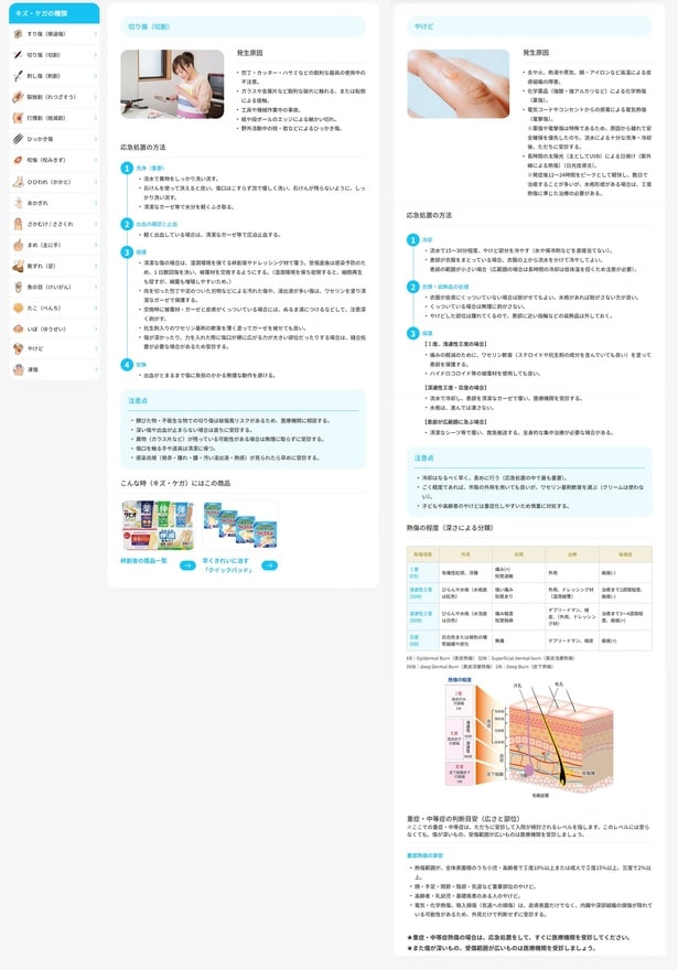 阿曽製薬株式会社のおすすめコンテンツとして新たに登場した「キズ・ケガ応急処置ガイド」