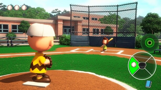 ミニゲームの野球では、チャーリー・ブラウンがピッチャーとしてマウンドに立つ。打席にはペパーミント パティの姿が