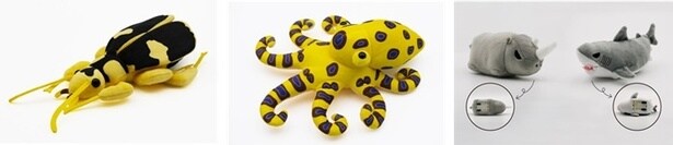 オリジナルぬいぐるみ ミイデラゴミムシ 3080円、オリジナルぬいぐるみ ヒョウモンダコ 3630円、突進サイ・突進サメ 各1760円