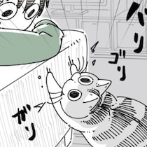 【ネコ漫画】ソファで急にツメとぎする愛猫!?飼い主の心を読む行動に「以心伝心でかわいい」などの共感コメント＆6万越えの反響