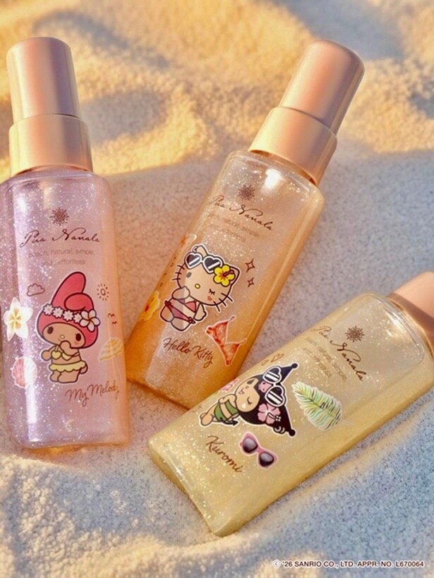 「プア ナナラ フレグランスジェル」。「プア ナナラ フレグランスグロウジェル ビキニプラウヌ(オレンジ) ハローキティデザイン」(中央)は、一部店舗を除く全国のドン・キホーテでのみの限定販売だ
