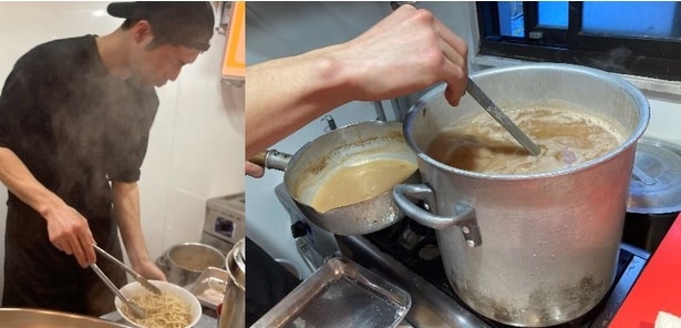 スープは注文ごとに加熱し、熱々で提供。カエシ、野菜、アブラも加熱や保温をし続け、提供時の熱々感を重視