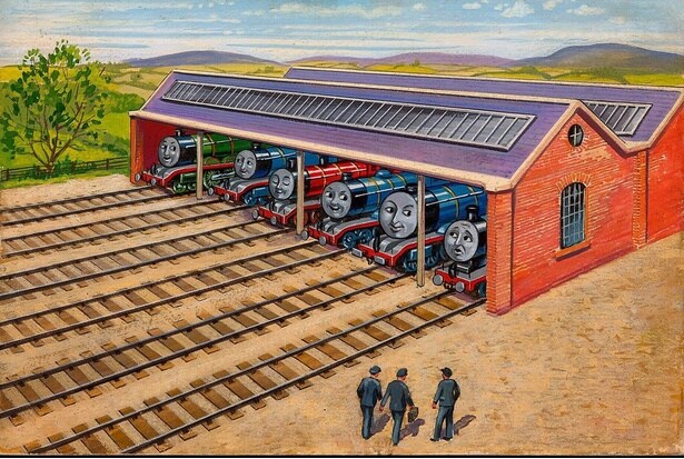 「3だいの機関車-エドワードのたのしい1日」の原画 レジナルド・ダルビー