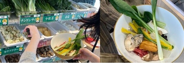 自分好みで選べるワクワク感もいい!写真は野菜、キノコ類を中心にヘルシー食材をセレクト。カキも加えて約280グラム。辛さは3辛、通常のさつま芋麺でオーダー