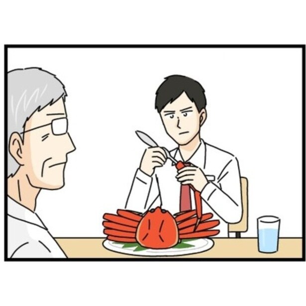 【ギャグ漫画】ランチミーティングでカニ料理に夢中な部下!?→意見を一切言わず、上司への密かな抵抗に爆笑【著者に聞いた】