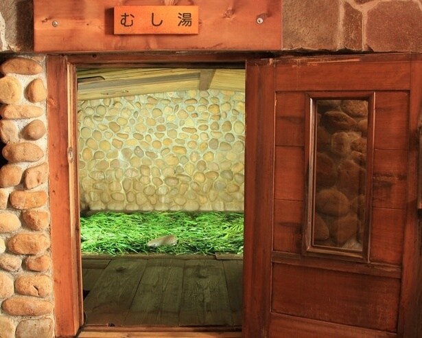 鉄輪むし湯では、温泉熱で蒸した薬草を敷き詰めたサウナのあとに内湯で入浴を！