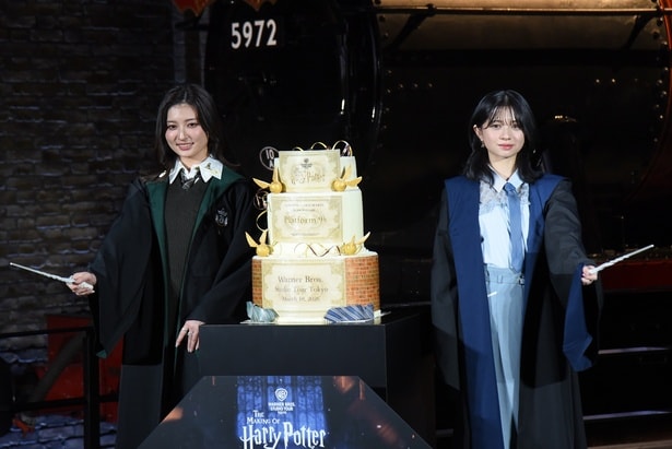 チケットをモチーフにした巨大アニバーサリーケーキにご満悦の様子