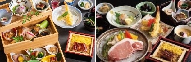 水郷箱御膳3000円(左)とうなぎのミニセイロ御膳2800円