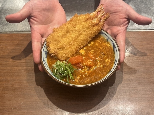 打ち立てのうどんと揚げたて海老カツの「海老カツトマたまカレーうどん」