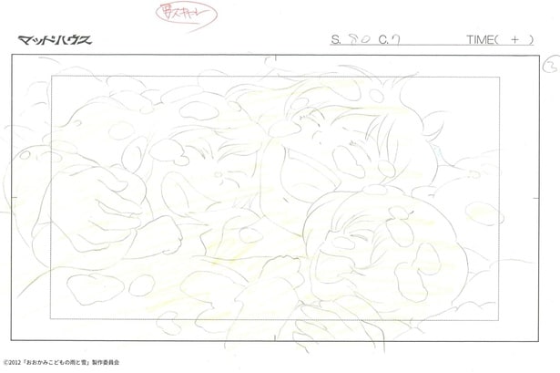 『おおかみこどもの雨と雪』の原画。雨と雪、花の姿が鉛筆の線で描き起こされている