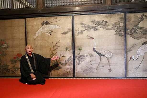 狩野派による華やかな襖絵を紹介する、西教寺の前阪良樹(りょうじゅ)主事