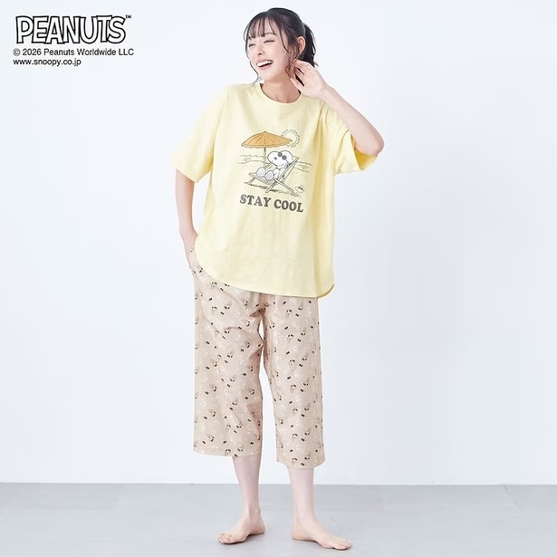 「動きやすくて気持ちがいい。デザインが可愛い、天竺トップスと布帛パンツのパジャマ(イエロー)」(4990円)
