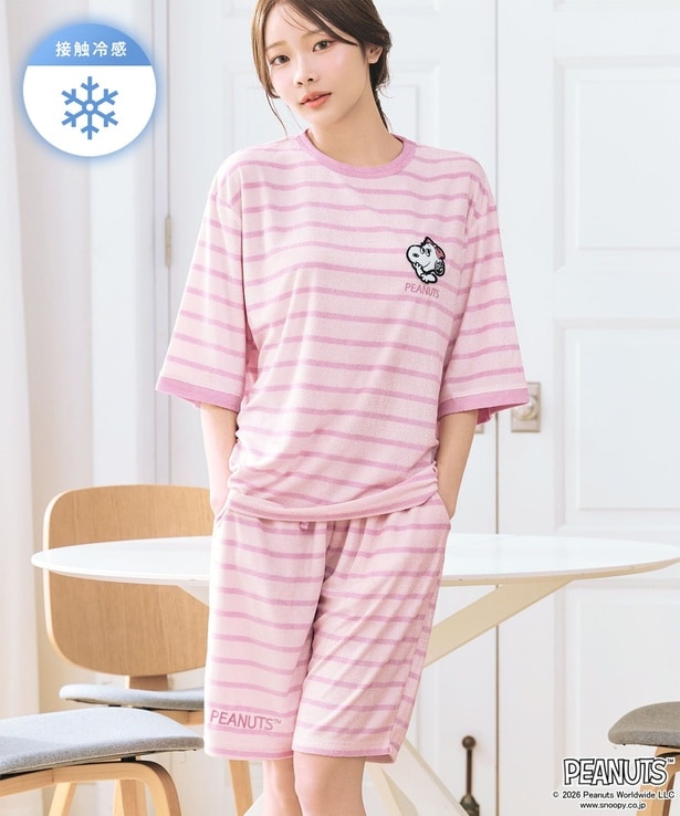 「接触冷感 ボーダーパイル 半袖 上下セット(男女兼用サイズ/ピンク)」(5390円)