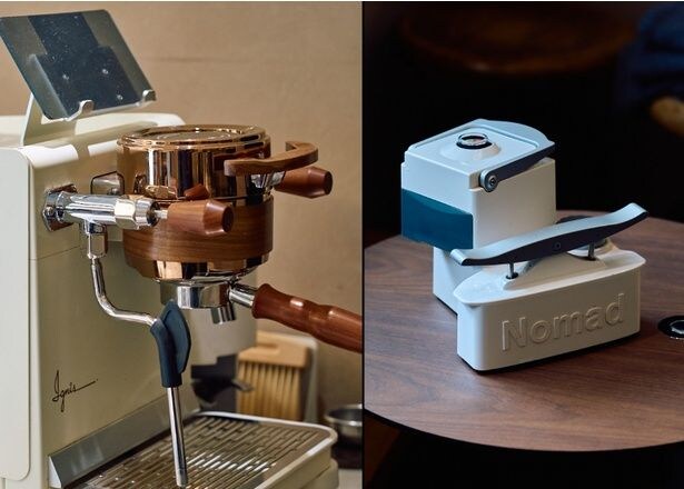 エスプレッソマシンは「Data」(左)など2台を使い分ける。「Nomad」(右)は今では絶版となった貴重な1台