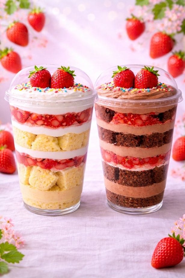 パフェloveのオリジナルパフェは旬のいちごを使用している。左から「ショートケーキ苺パフェ」と「チョコケーキ苺パフェ」
