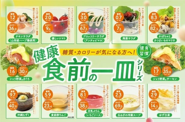 健康や野菜不足が気になる人に向けた「健康食前の一皿シリーズ」。全12種、各115円〜