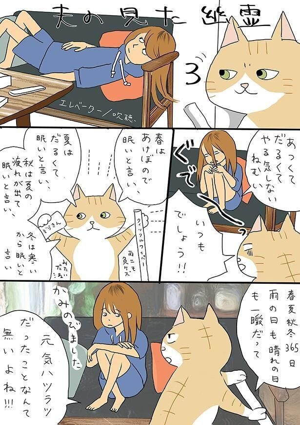 猫の姿で描かれた夫の不思議体験を描くシリーズ3作目「夫の見た幽霊 エレベーター/吹聴」