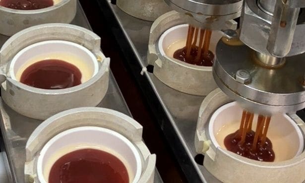 カスタードアイス、ホワイトチョコの上にたっぷりのソースを注ぐ
