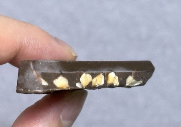 「チョコか?BLOCK TYPE(ブロックタイプ) ヘーゼルナッツ」の断面。たっぷりヘーゼルナッツが入っている