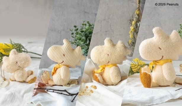 WOODSTOCK NESTで人気のぬいぐるみ&マスコットたち。写真左から「マスコット」(1980円)、「コーデュロイぬいぐるみ」(2530円)、「ぬいぐるみ」(2750円)、「ぬいぐるみ 大」(3300円)