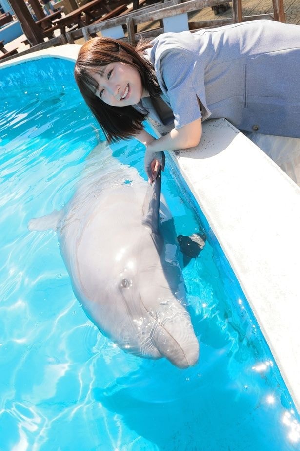 ハンドウイルカのミールちゃんの胸びれにタッチ！「滑らかで意外と硬いです」(なっきぃ)