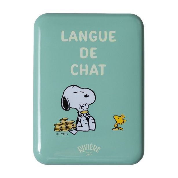 「LANGUE DE CHAT(猫の舌)」の文字とともに、ラングドシャを夢中でほおばるスヌーピーをデザイン