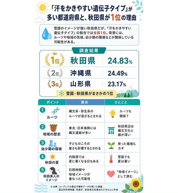 【図解】「汗をかきやすい遺伝子タイプ」の割合で秋田県が全国1位に。雪国の意外な結果には、気候やルーツが関係している可能性も