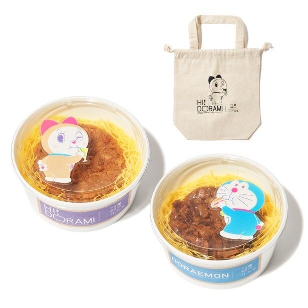 一汁旬菜「ドラミの華味鳥そぼろ丼」(1350円)、ドラえもんの国産牛しぐれ煮丼(1350円)