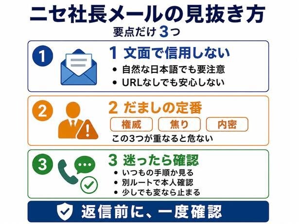 【図解】返信前に確認したい「ニセ社長メール」対策一覧