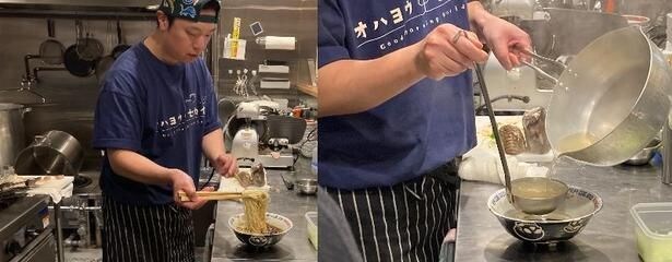 「三河屋製麺」の細ストレート麺を合わせる。低加水で歯切れがよく、スープとベストマッチ